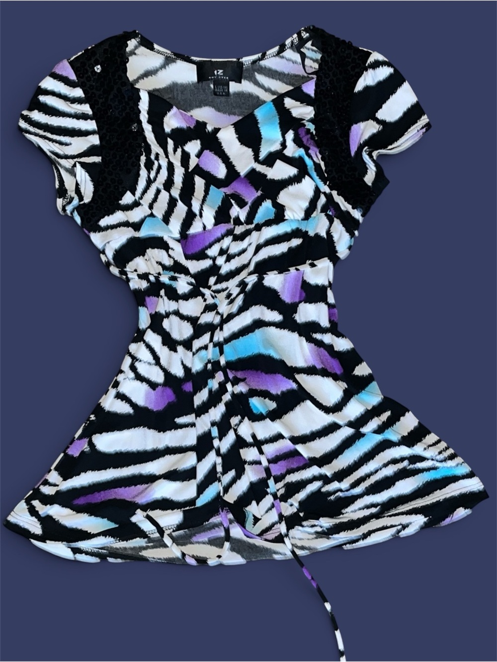 Iz Byer Black Zebra-Print V-Neck Tunic with Purple & Aqua Accents